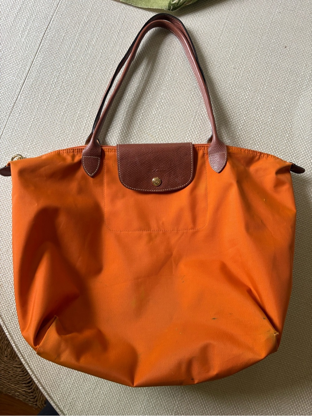 Longchamp Le Pliage Tote Bag - Orange with Brown Trim